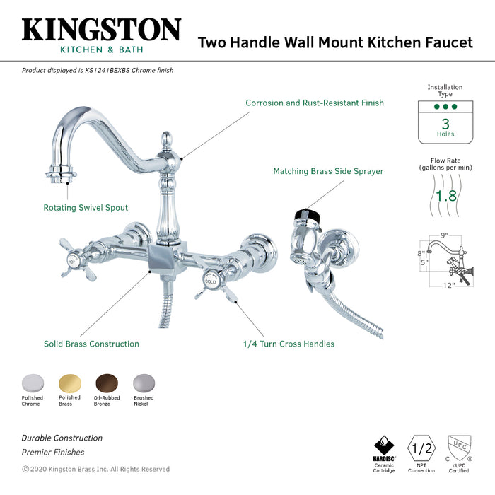Essex KS1241BEXBS Two-Handle 2-Hole Wall Mount Bridge Kitchen Faucet with Brass Sprayer, Polished Chrome