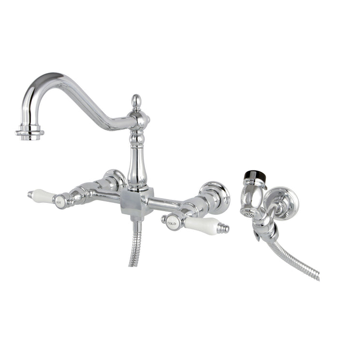 Bel-Air KS1241BPLBS Two-Handle 2-Hole Wall Mount Bridge Kitchen Faucet with Brass Sprayer, Polished Chrome