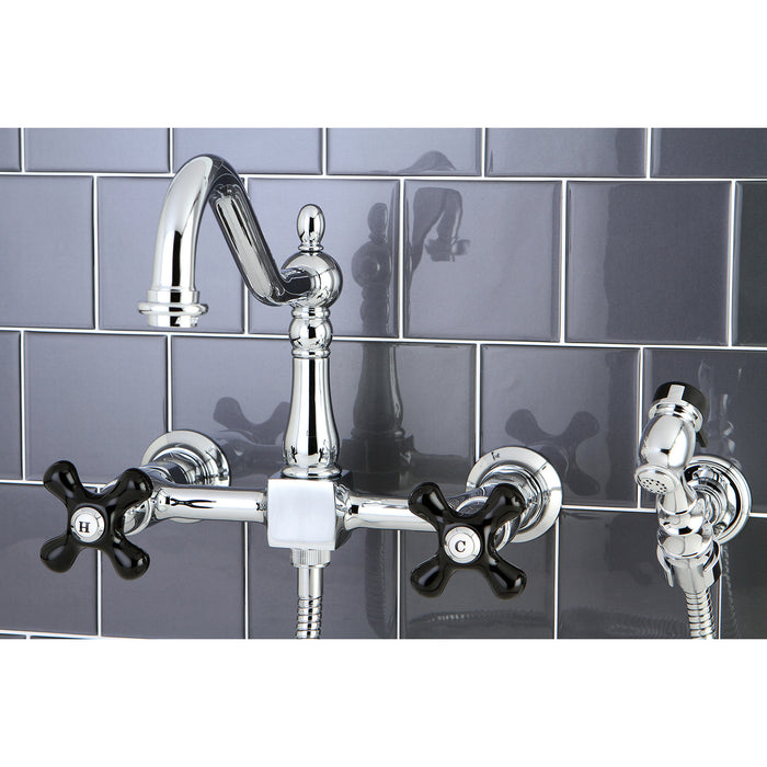 Duchess KS1241PKXBS Two-Handle 2-Hole Wall Mount Bridge Kitchen Faucet with Brass Sprayer, Polished Chrome