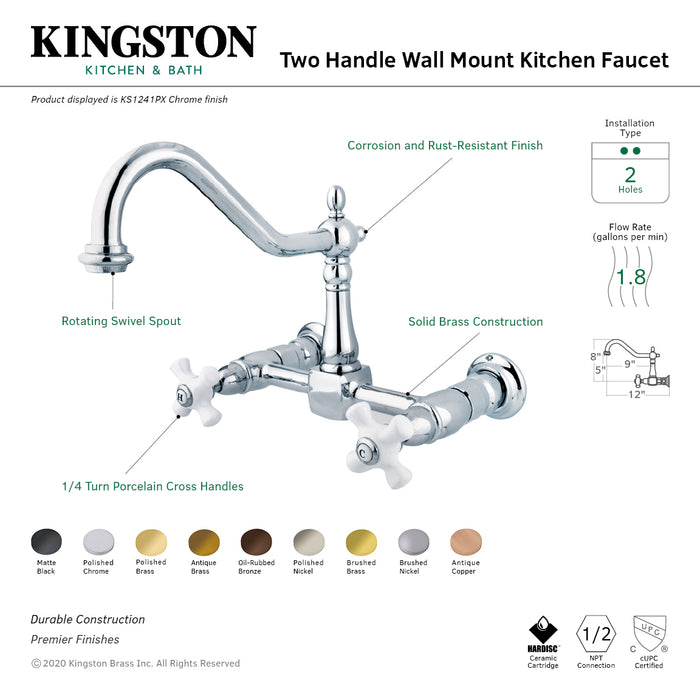 Kingston Heirloom KS1241PX - Heritage Two-Handle 2-Hole Wall Mount Bridge Kitchen Faucet, Polished Chrome