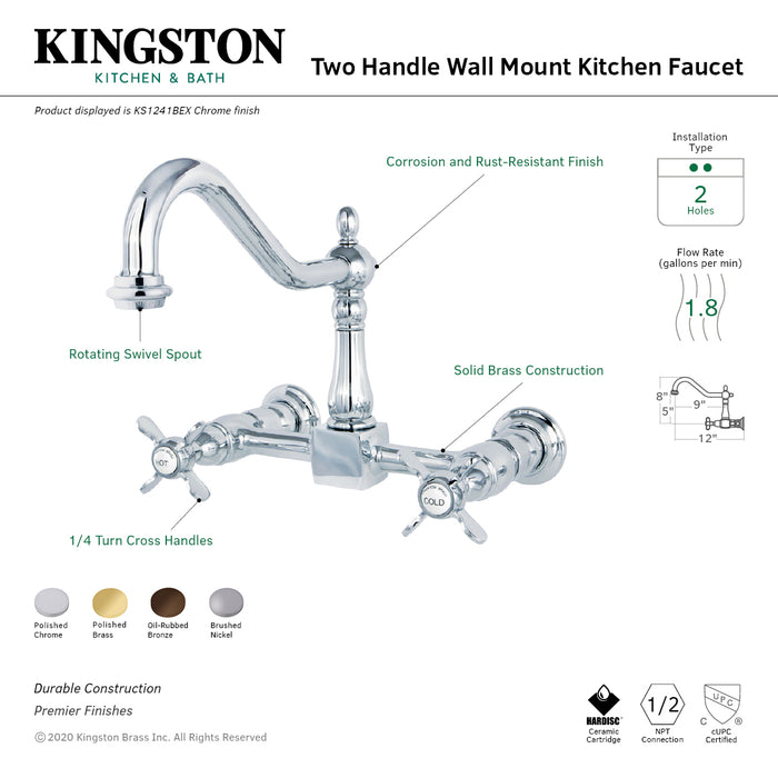 Essex KS1242BEX Two-Handle 2-Hole Wall Mount Bridge Kitchen Faucet, Polished Brass