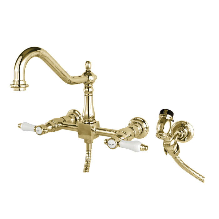 Bel-Air KS1242BPLBS Two-Handle 2-Hole Wall Mount Bridge Kitchen Faucet with Brass Sprayer, Polished Brass