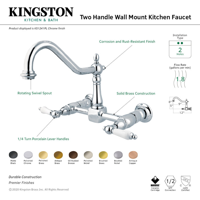 Heritage KS1242PL Two-Handle 2-Hole Wall Mount Bridge Kitchen Faucet, Polished Brass
