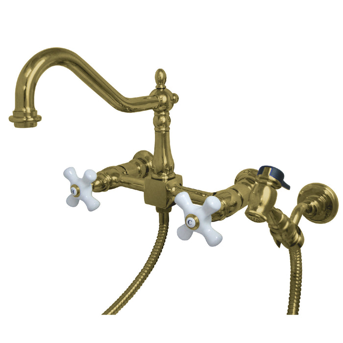 Heritage KS1242PXBS Two-Handle 2-Hole Wall Mount Bridge Kitchen Faucet with Brass Sprayer, Polished Brass