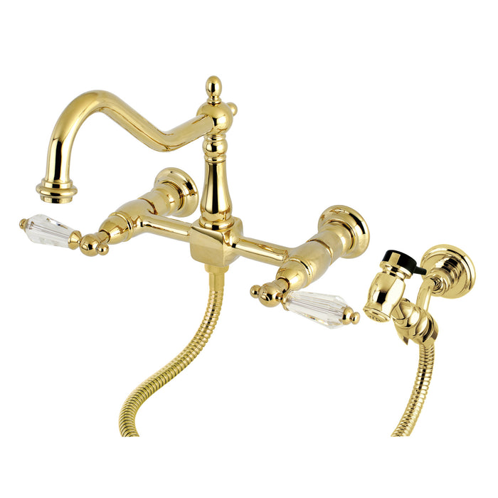 Wilshire KS1242WLLBS Two-Handle 2-Hole Wall Mount Bridge Kitchen Faucet with Brass Sprayer, Polished Brass