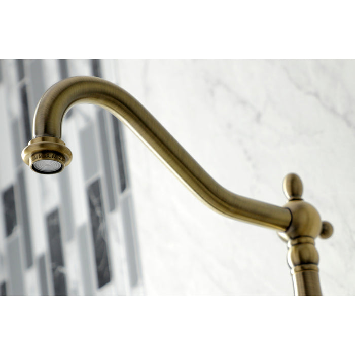 Heritage KS1243ALBS Two-Handle 2-Hole Wall Mount Bridge Kitchen Faucet with Brass Sprayer, Antique Brass
