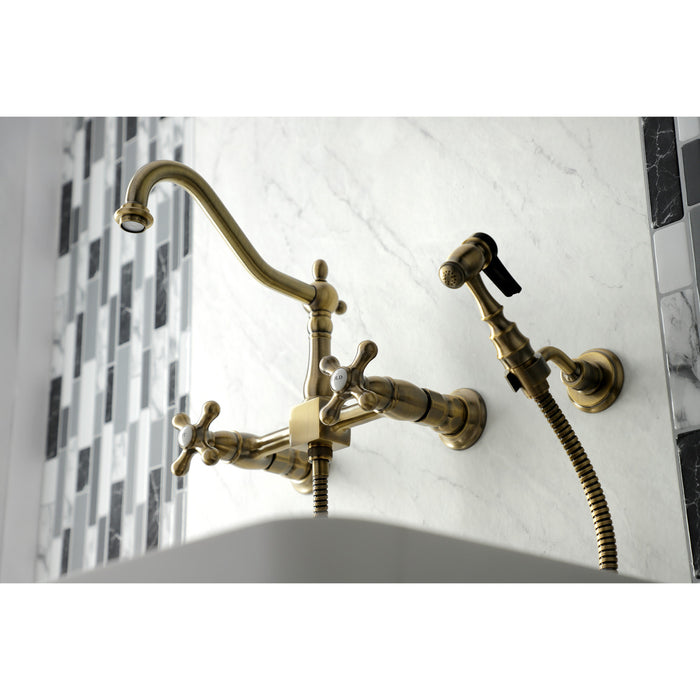 Heritage KS1243AXBS Two-Handle 2-Hole Wall Mount Bridge Kitchen Faucet with Brass Sprayer, Antique Brass