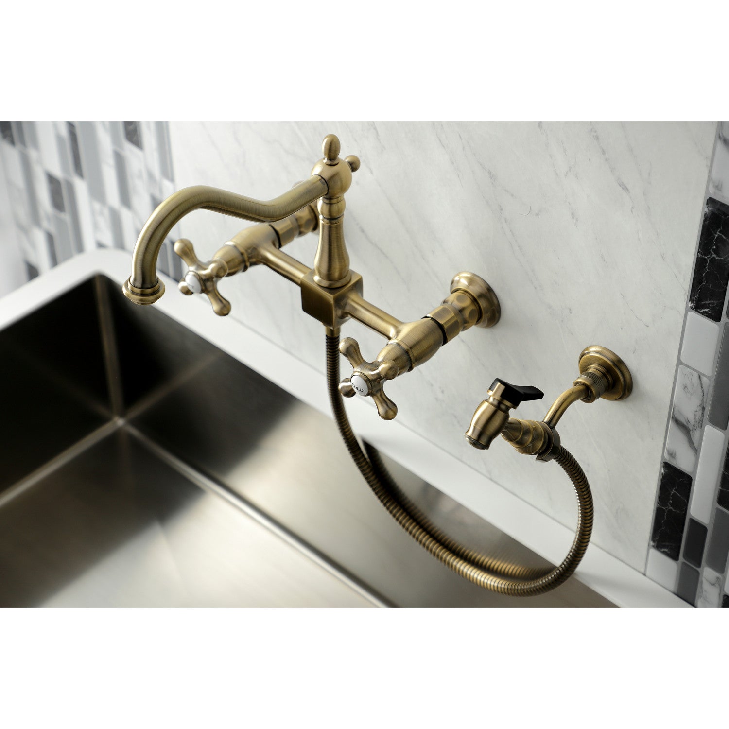 Kingston Brass KS1243AXBS Heritage 8-Inch Wall Mount Kitchen Faucet with  Brass Sprayer, Antique Brass