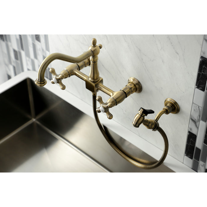 Heritage KS1243AXBS Two-Handle 2-Hole Wall Mount Bridge Kitchen Faucet with Brass Sprayer, Antique Brass