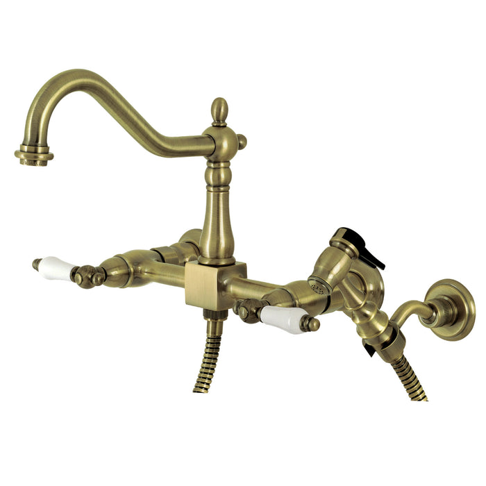 Heritage KS1243PLBS Two-Handle 2-Hole Wall Mount Bridge Kitchen Faucet with Brass Sprayer, Antique Brass