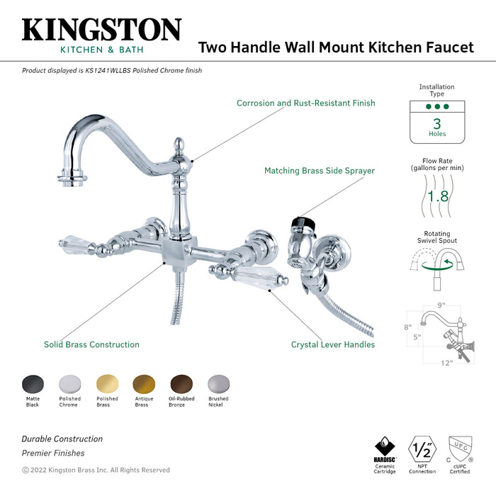 Wilshire KS1243WLLBS Two-Handle 3-Hole Wall Mount Bridge Kitchen Faucet with Brass Sprayer, Antique Brass