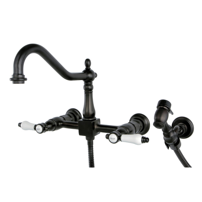 Bel-Air KS1245BPLBS Two-Handle 2-Hole Wall Mount Bridge Kitchen Faucet with Brass Sprayer, Oil Rubbed Bronze