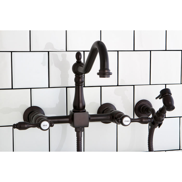 Tudor KS1245TALBS Two-Handle 2-Hole Wall Mount Bridge Kitchen Faucet with Brass Sprayer, Oil Rubbed Bronze