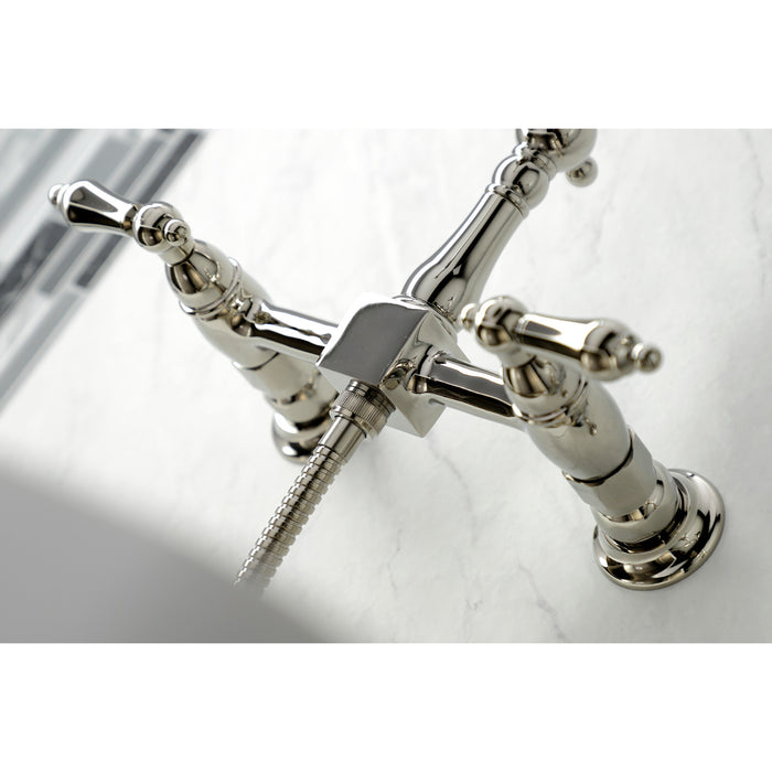Heritage KS1246ALBS Two-Handle 2-Hole Wall Mount Bridge Kitchen Faucet with Brass Sprayer, Polished Nickel