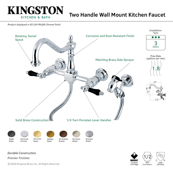 Duchess KS1246PKLBS Two-Handle 2-Hole Wall Mount Bridge Kitchen Faucet with Brass Sprayer, Polished Nickel