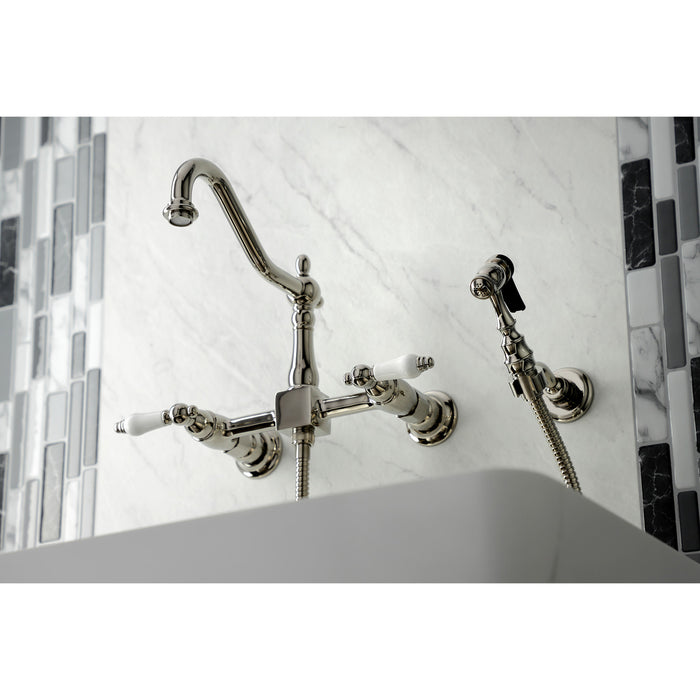 Heritage KS1246PLBS Two-Handle 2-Hole Wall Mount Bridge Kitchen Faucet with Brass Sprayer, Polished Nickel