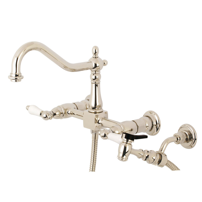 Heritage KS1246PLBS Two-Handle 2-Hole Wall Mount Bridge Kitchen Faucet with Brass Sprayer, Polished Nickel