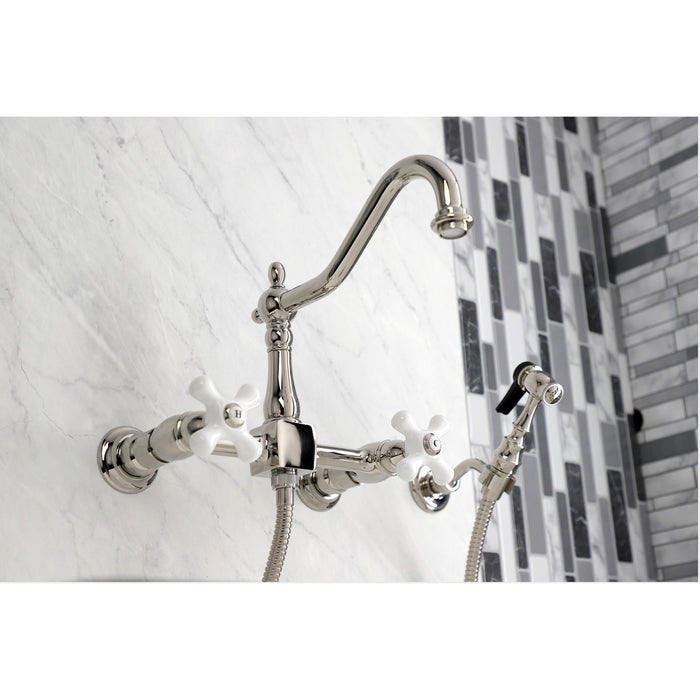 Heritage KS1246PXBS Two-Handle 2-Hole Wall Mount Bridge Kitchen Faucet with Brass Sprayer, Polished Nickel