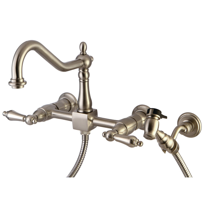 Heritage KS1248ALBS Two-Handle 2-Hole Wall Mount Bridge Kitchen Faucet with Brass Sprayer, Brushed Nickel