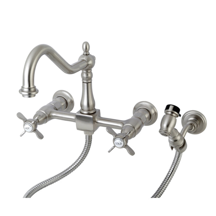 Essex KS1248BEXBS Two-Handle 2-Hole Wall Mount Bridge Kitchen Faucet with Brass Sprayer, Brushed Nickel