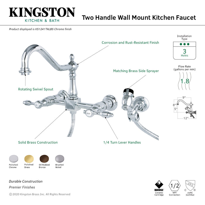 Tudor KS1248TALBS Two-Handle 2-Hole Wall Mount Bridge Kitchen Faucet with Brass Sprayer, Brushed Nickel