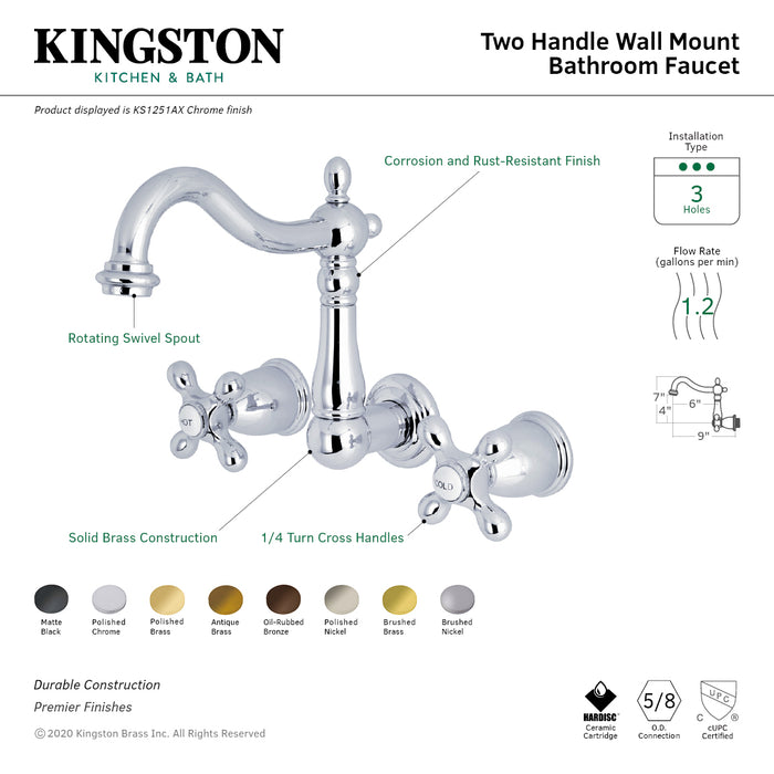 Heritage KS1251AX Two-Handle 3-Hole Wall Mount Bathroom Faucet, Polished Chrome
