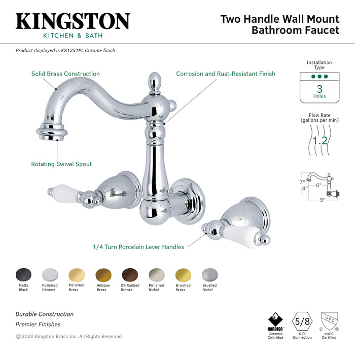 Heritage KS1252PL Two-Handle 3-Hole Wall Mount Bathroom Faucet, Polished Brass