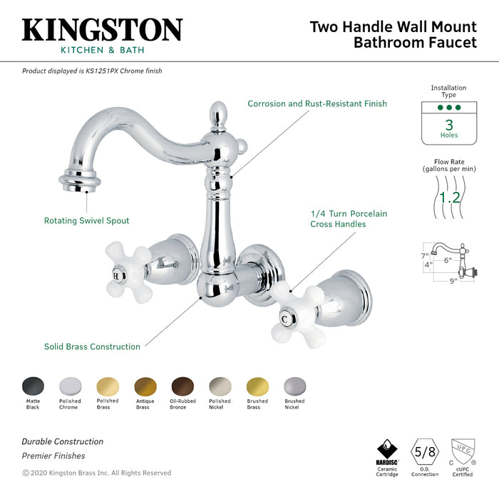 Heritage KS1252PX Two-Handle 3-Hole Wall Mount Bathroom Faucet, Polished Brass
