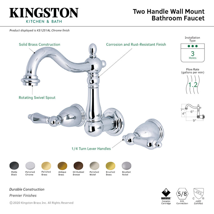 Heritage KS1253AL Two-Handle 3-Hole Wall Mount Bathroom Faucet, Antique Brass