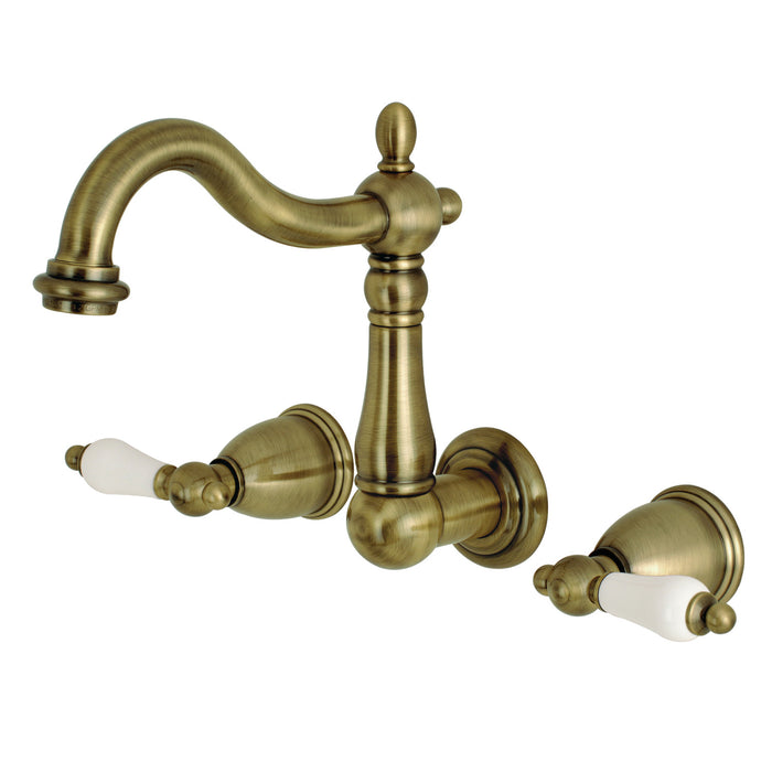 Heritage KS1253PL Two-Handle 3-Hole Wall Mount Bathroom Faucet, Antique Brass