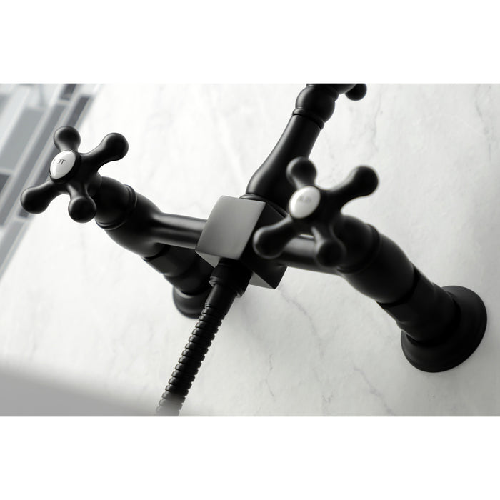 Kingston Heirloom KS1260AXBS - Heritage Two-Handle 3-Hole Wall Mount Bridge Kitchen Faucet with Brass Sprayer, Matte Black