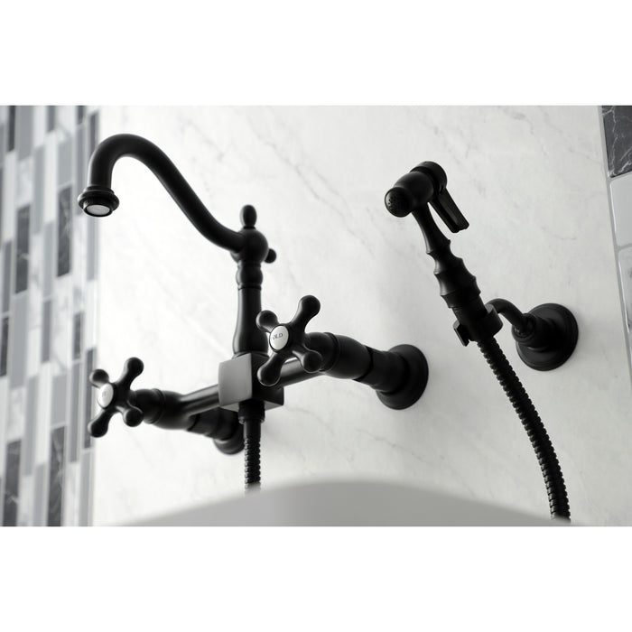 Kingston Heirloom KS1260AXBS - Heritage Two-Handle 3-Hole Wall Mount Bridge Kitchen Faucet with Brass Sprayer, Matte Black