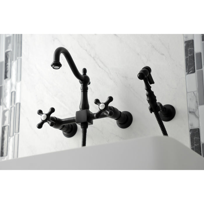 Kingston Heirloom KS1260AXBS - Heritage Two-Handle 3-Hole Wall Mount Bridge Kitchen Faucet with Brass Sprayer, Matte Black