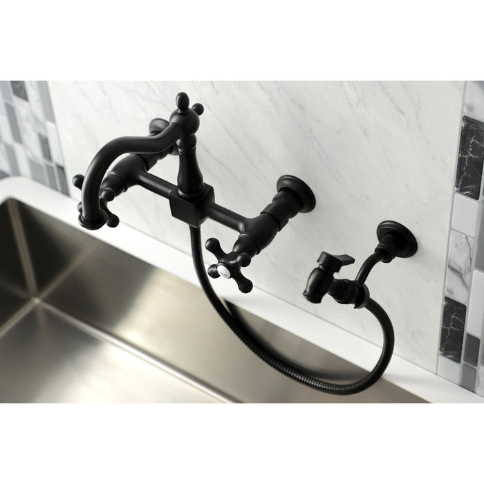 Kingston Heirloom KS1260AXBS - Heritage Two-Handle 3-Hole Wall Mount Bridge Kitchen Faucet with Brass Sprayer, Matte Black