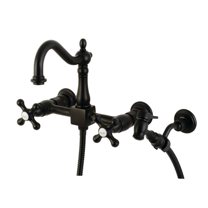 Heritage KS1260AXBS Two-Handle 2-Hole Wall Mount Bridge Kitchen Faucet with Brass Sprayer, Matte Black