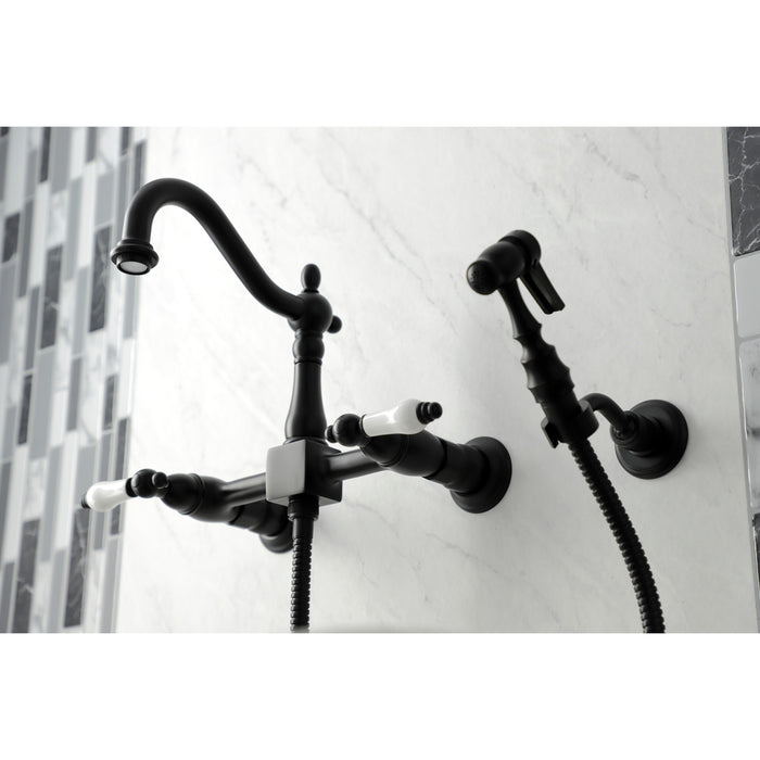 Heritage KS1260PLBS Two-Handle 2-Hole Wall Mount Bridge Kitchen Faucet with Brass Sprayer, Matte Black