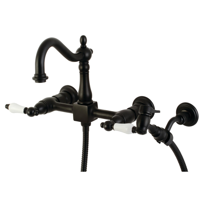 Heritage KS1260PLBS Two-Handle 2-Hole Wall Mount Bridge Kitchen Faucet with Brass Sprayer, Matte Black
