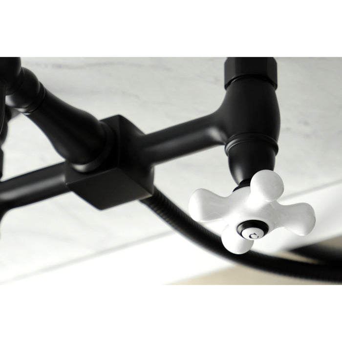 Kingston Heirloom KS1260PXBS - Heritage Two-Handle 3-Hole Wall Mount Bridge Kitchen Faucet with Brass Sprayer, Matte Black