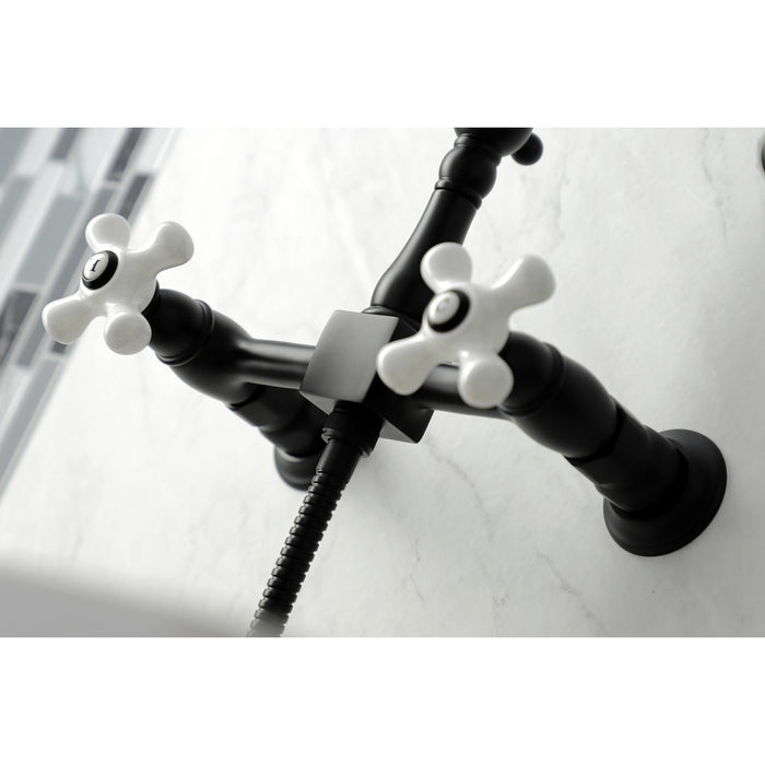 Kingston Heirloom KS1260PXBS - Heritage Two-Handle 3-Hole Wall Mount Bridge Kitchen Faucet with Brass Sprayer, Matte Black