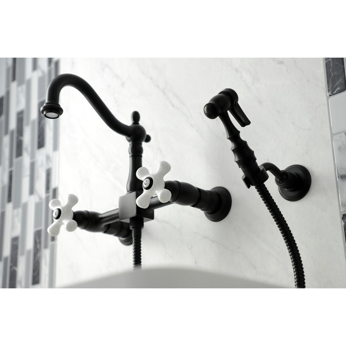 Kingston Heirloom KS1260PXBS - Heritage Two-Handle 3-Hole Wall Mount Bridge Kitchen Faucet with Brass Sprayer, Matte Black