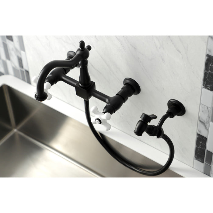 Kingston Heirloom KS1260PXBS - Heritage Two-Handle 3-Hole Wall Mount Bridge Kitchen Faucet with Brass Sprayer, Matte Black