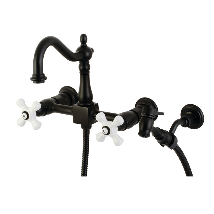 Kingston Heirloom KS1260PXBS - Heritage Two-Handle 3-Hole Wall Mount Bridge Kitchen Faucet with Brass Sprayer, Matte Black