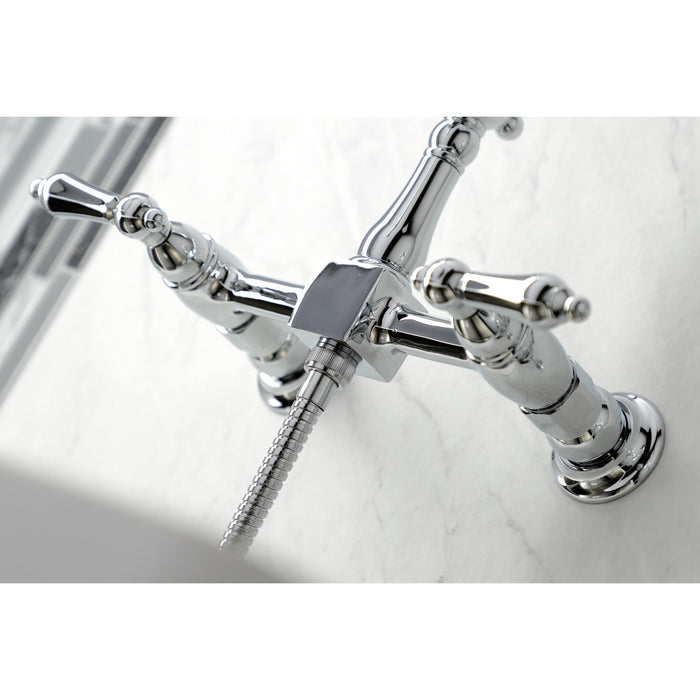 Heritage KS1261ALBS Two-Handle 2-Hole Wall Mount Bridge Kitchen Faucet with Brass Sprayer, Polished Chrome