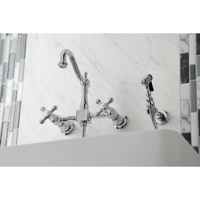 Heritage KS1261AXBS Two-Handle 2-Hole Wall Mount Bridge Kitchen Faucet with Brass Sprayer, Polished Chrome