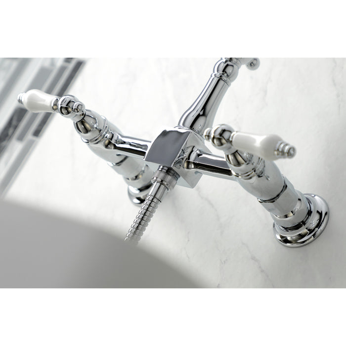Heritage KS1261PLBS Two-Handle 2-Hole Wall Mount Bridge Kitchen Faucet with Brass Sprayer, Polished Chrome