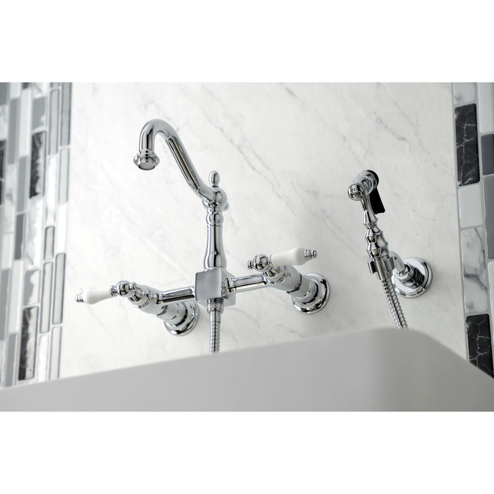 Heritage KS1261PLBS Two-Handle 2-Hole Wall Mount Bridge Kitchen Faucet with Brass Sprayer, Polished Chrome