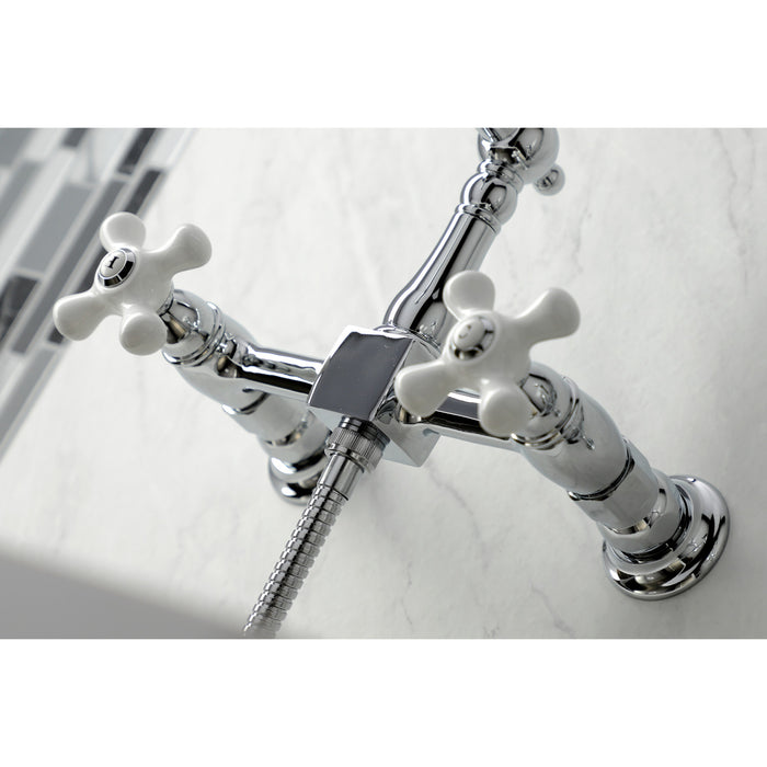 Heritage KS1261PXBS Two-Handle 2-Hole Wall Mount Bridge Kitchen Faucet with Brass Sprayer, Polished Chrome