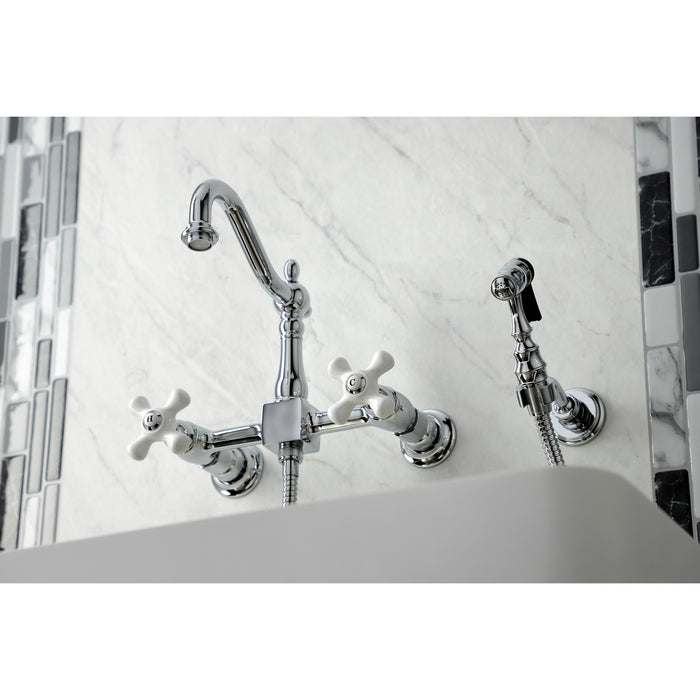 Heritage KS1261PXBS Two-Handle 2-Hole Wall Mount Bridge Kitchen Faucet with Brass Sprayer, Polished Chrome