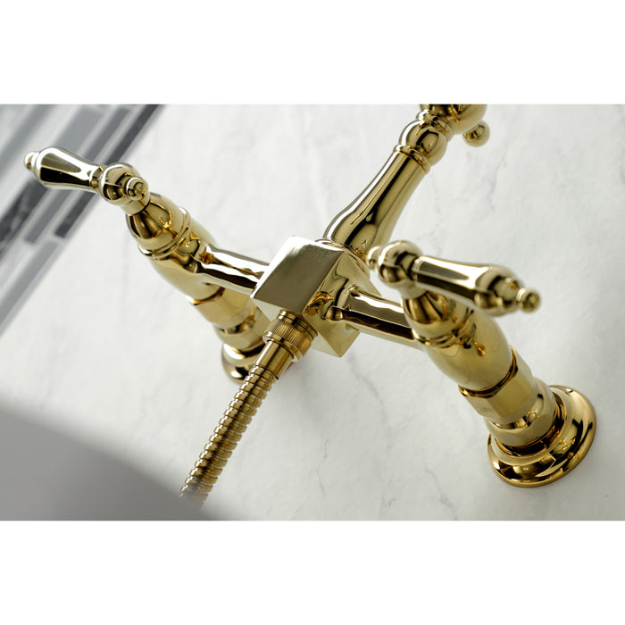 Heritage KS1262ALBS Two-Handle 2-Hole Wall Mount Bridge Kitchen Faucet with Brass Sprayer, Polished Brass