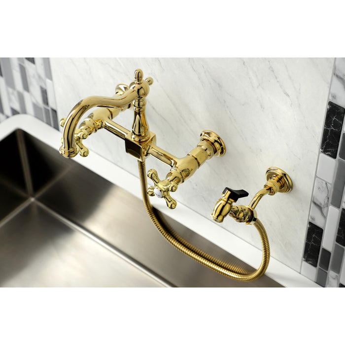 Heritage KS1262AXBS Two-Handle 2-Hole Wall Mount Bridge Kitchen Faucet with Brass Sprayer, Polished Brass